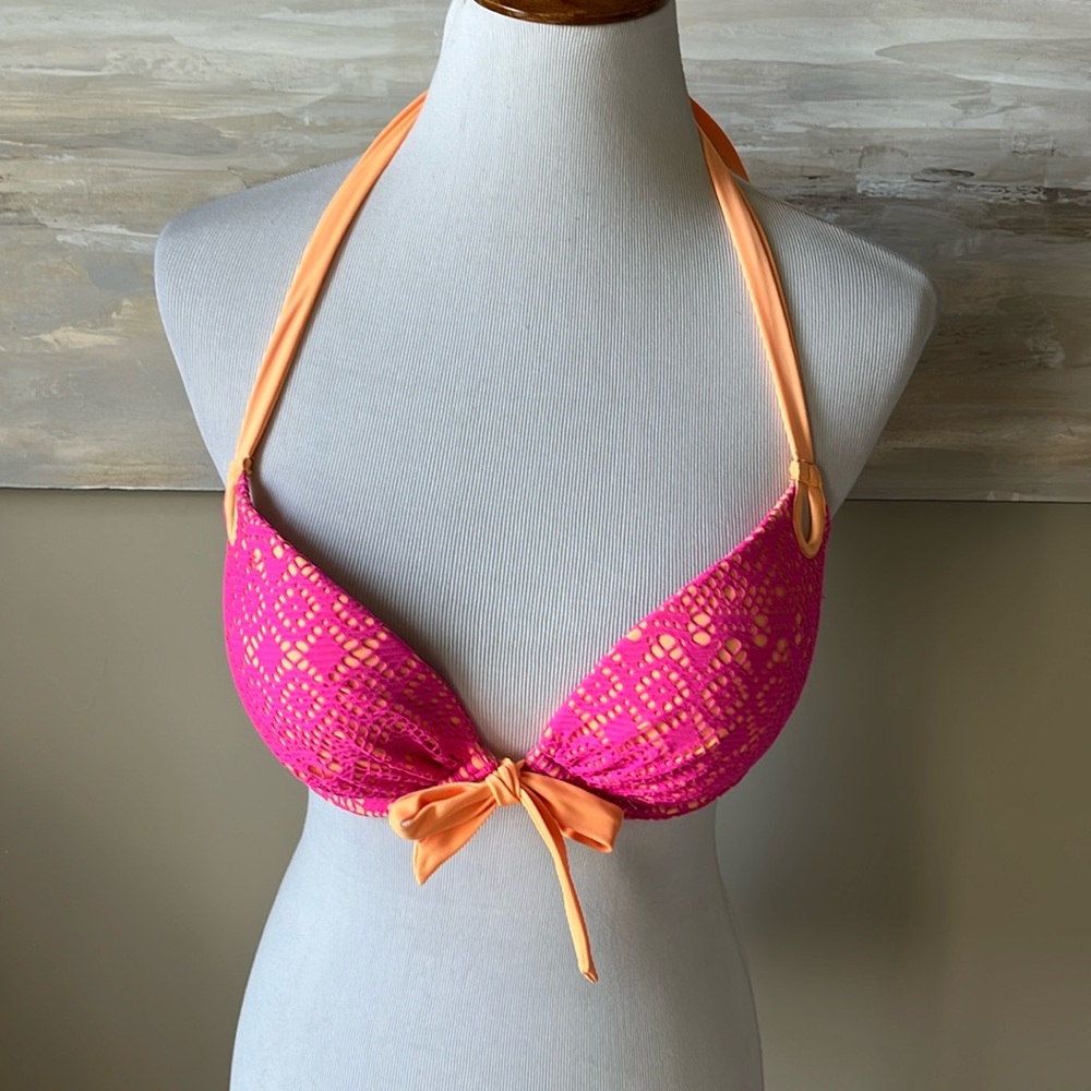 Victoria’s Secret neon pink/light orange crochet lace padded bikini top